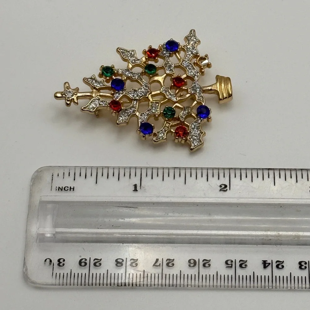 Vintage Christmas Tree Brooch Gold Tone Rhinestone Holiday Pin Red Blue Green
